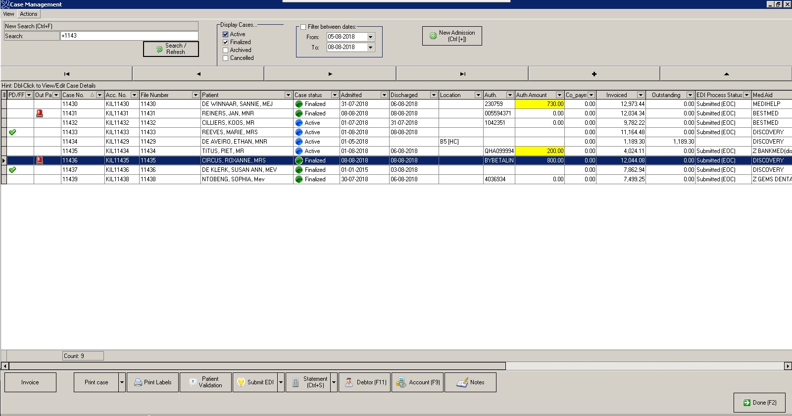 Case list screen
