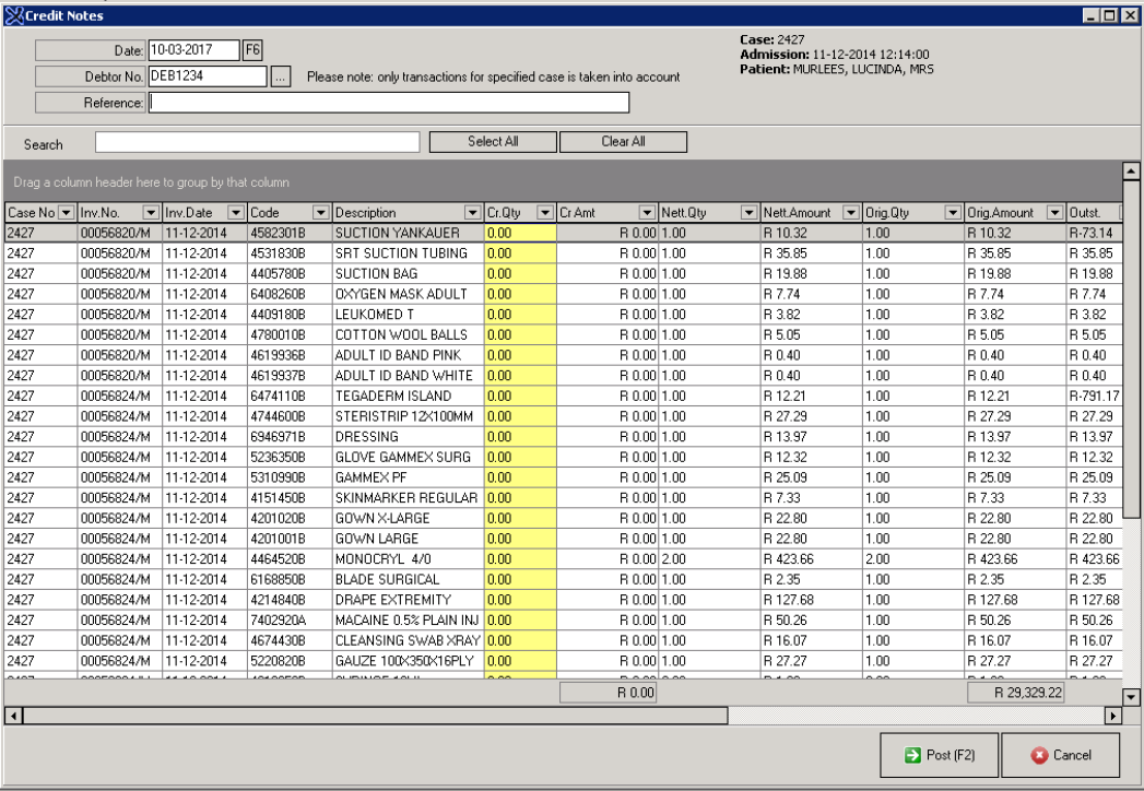 Debtor detail in Credit Note 