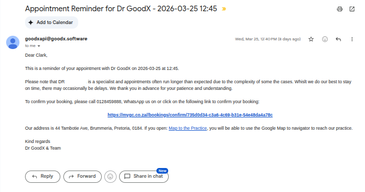 Example of the automated email received by the patient
