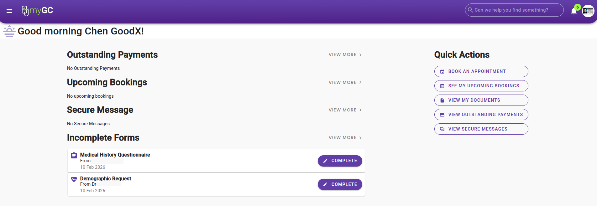 Quick actions view with a summary menu of key aspects such as payments, bookings or incomplete forms