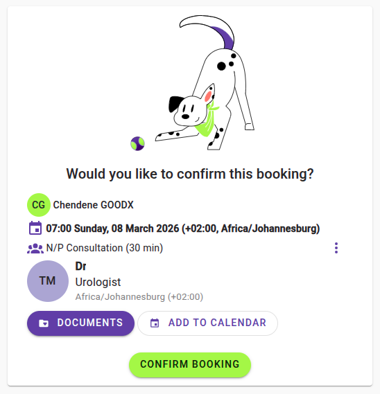 Example of the patient view when confirming a booking themselves