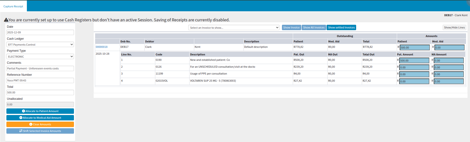 Invoice screen depiction