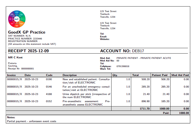 Example of receipt issued
