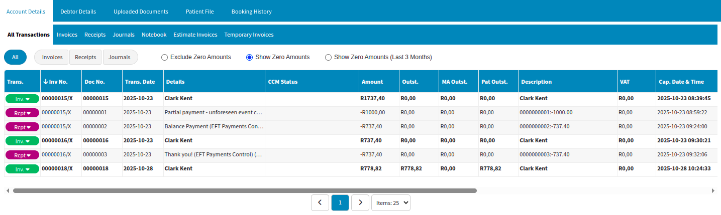 Example of receipts and invoices issued, screen
