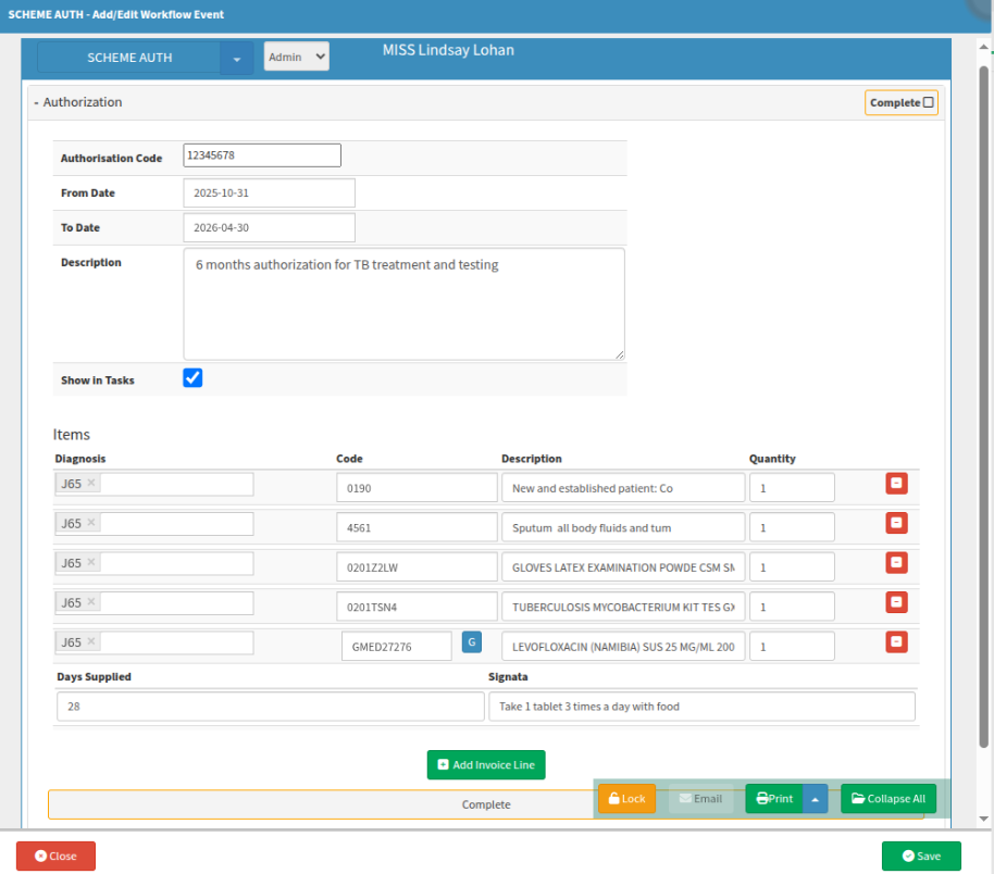 Billing items populating based on Auth nr