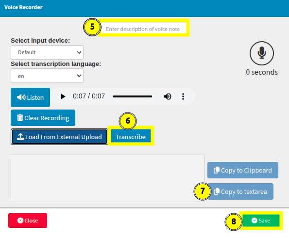 Pop up voice of voice record actions