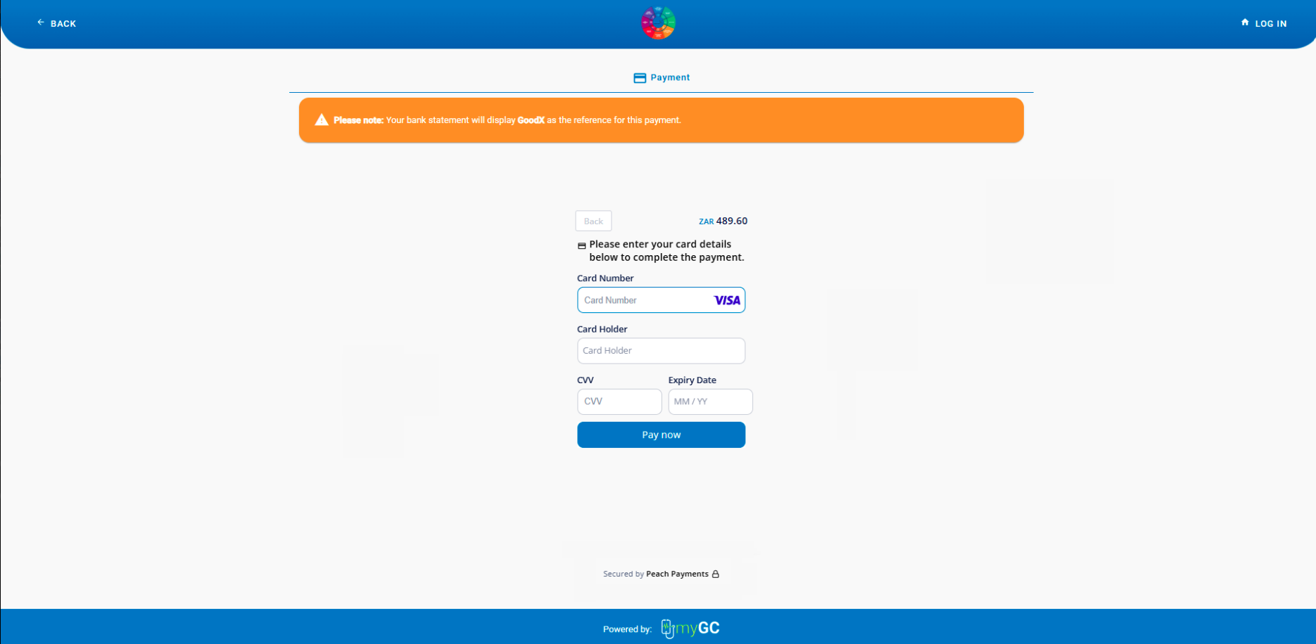 View of payment card details request