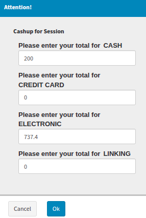 Information completed upon cash up