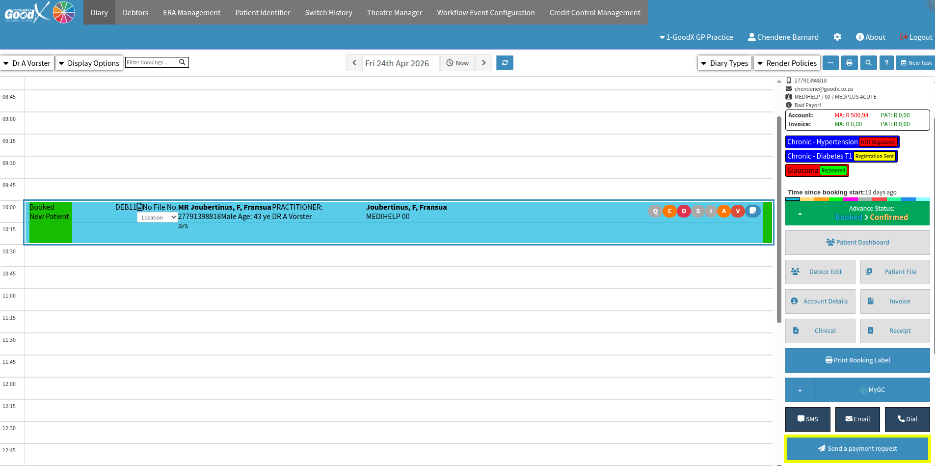 Payment link button highlighted in the diary