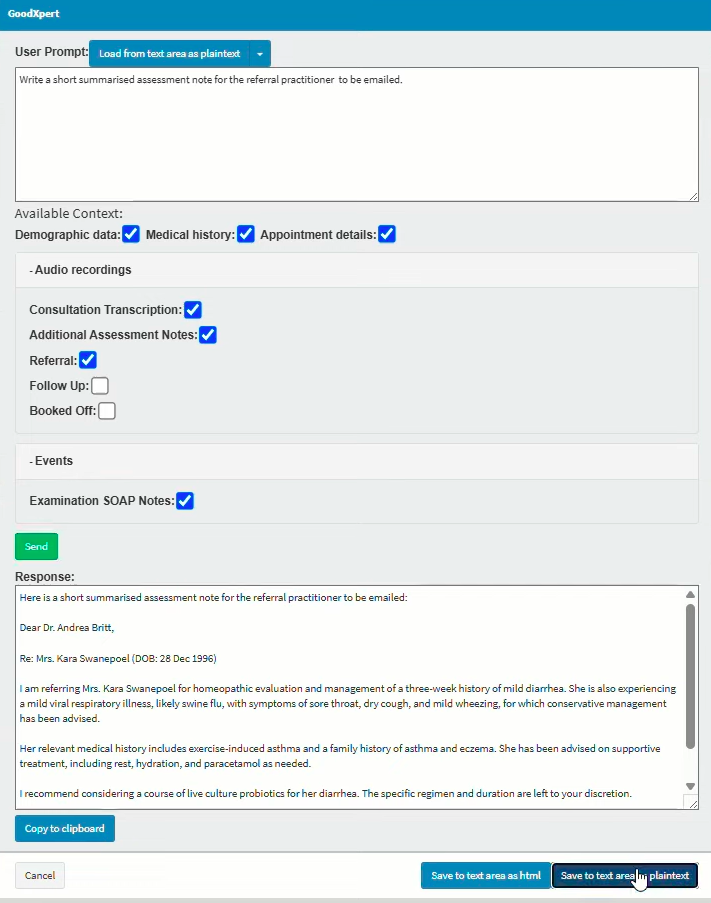 prompt view after send was selected to process the request