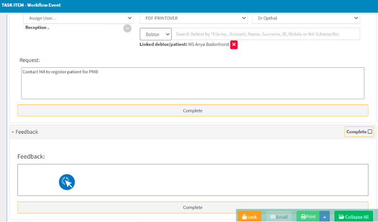 Feedback panel on task