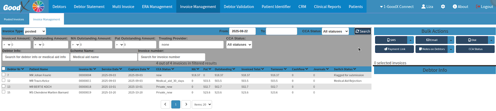 Invoice management screen for dial actions