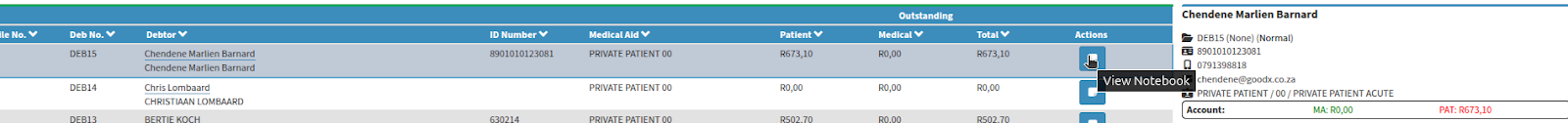 Notebook view from debtor screen