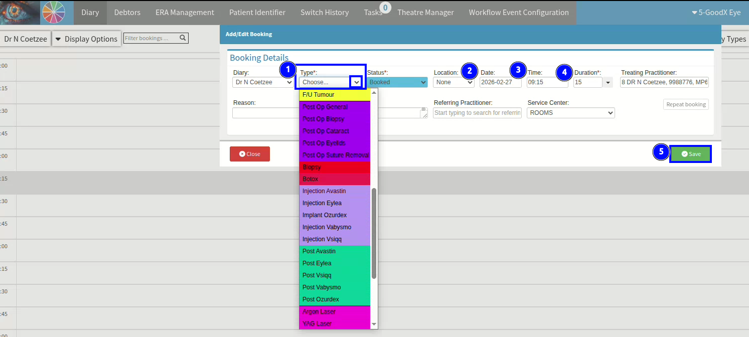 A drop down menu displaying the various booking types
