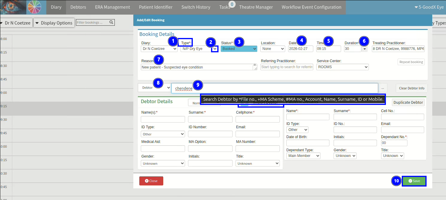 Depicted all fields to complete when making a new booking