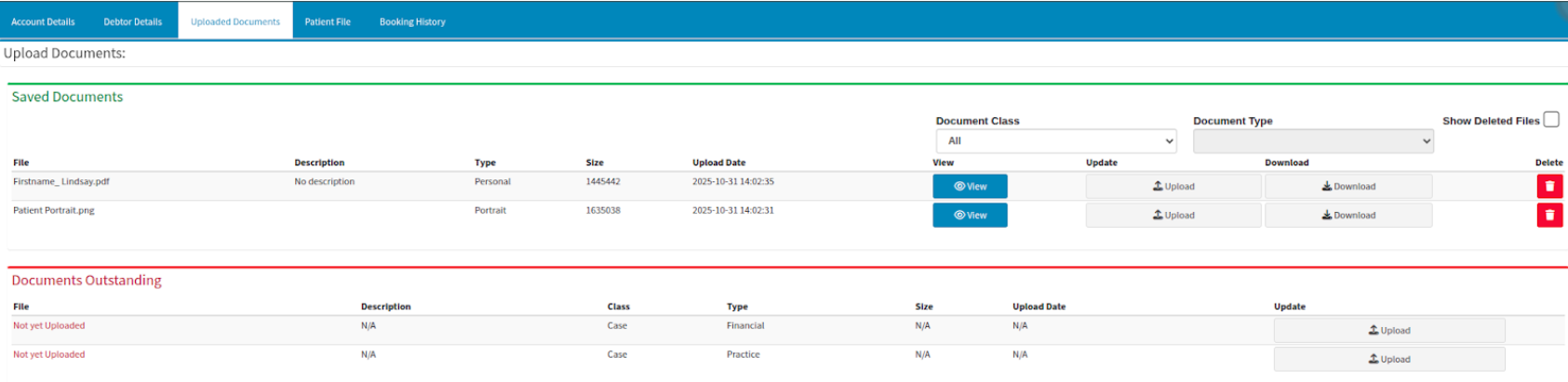 Upload documents interface view