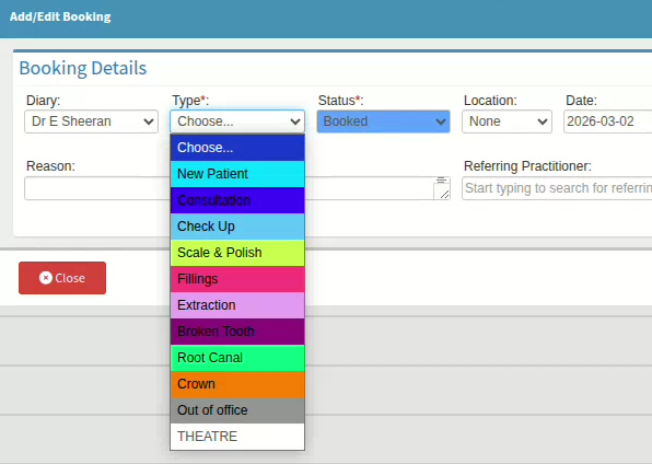 Drop down view of various booking types in a dental practice