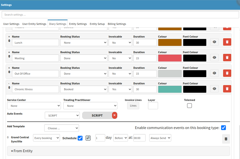 Expanded view of the diary booking type setup
