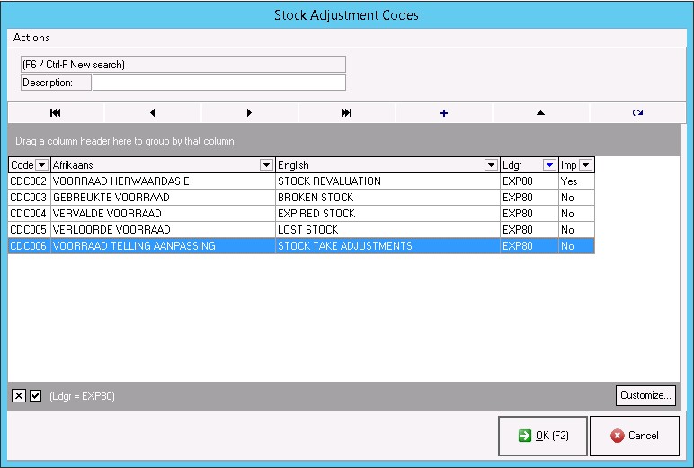 Stock adju list screen